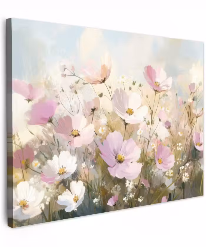 Canvas schilderij - Bloemenveld - Lichte tinten - Geschilderd