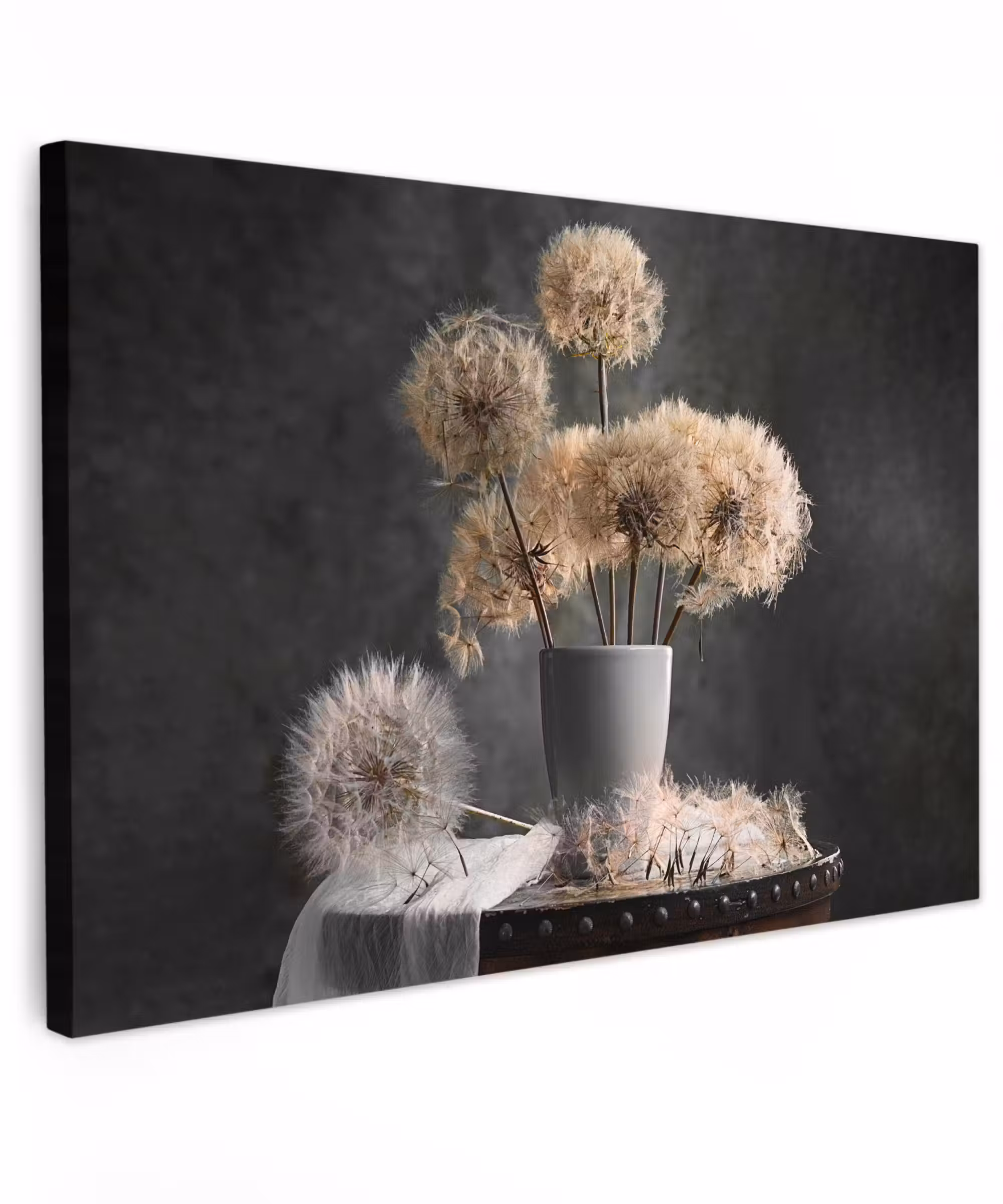 Canvas schilderij - Bloemzaden - Paardenbloem- Vaas - Stilleven - Boeket