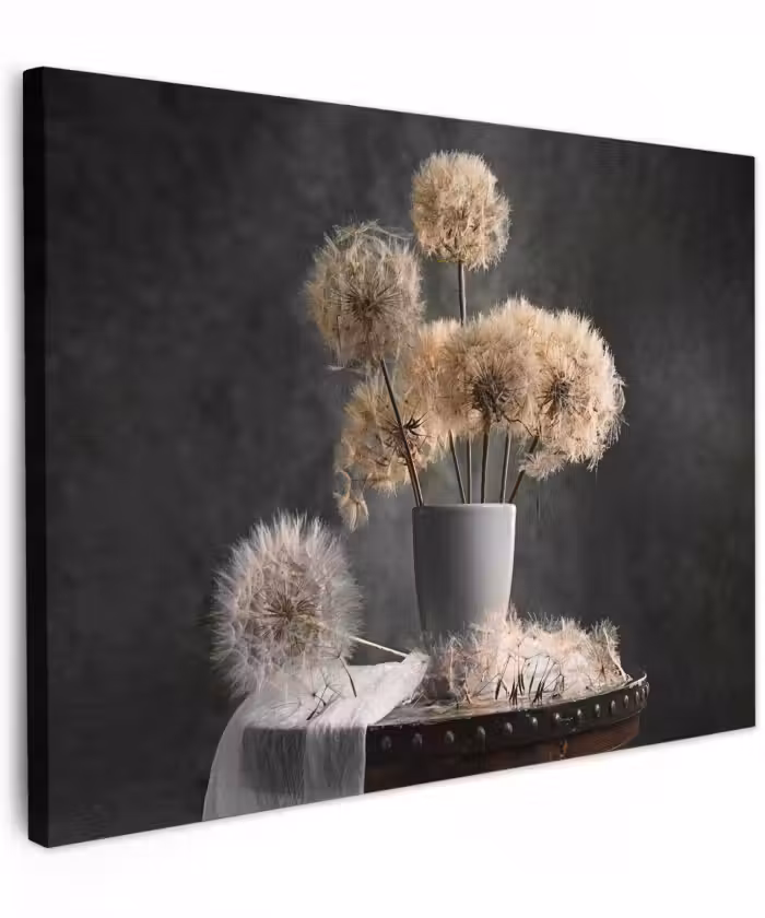 Canvas schilderij - Bloemzaden - Paardenbloem- Vaas - Stilleven - Boeket