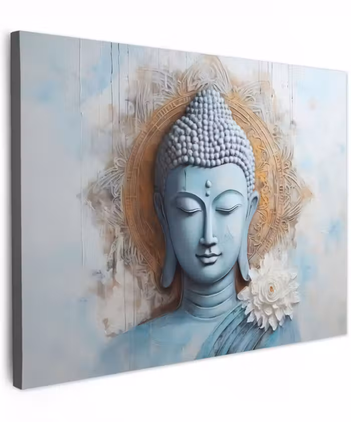 Canvas schilderij - Boeddha - Beeld - Blauw - Bruin - Bloem