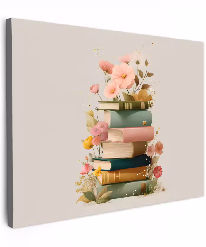 Canvas schilderij - Boeken - Stapel - Bloemen - Kleurrijk