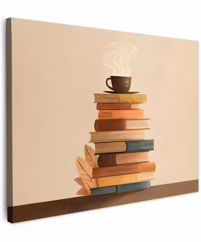 Canvas schilderij - Boeken - Toren - Koffie - Beige