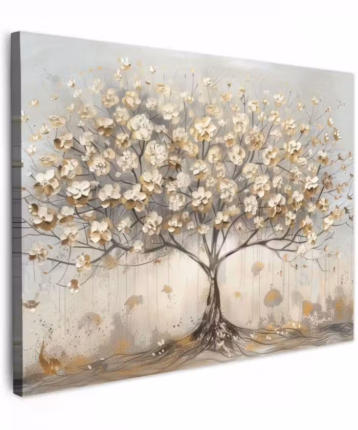 Canvas schilderij - Boom - Beige - Goud - Verflook - Grijs