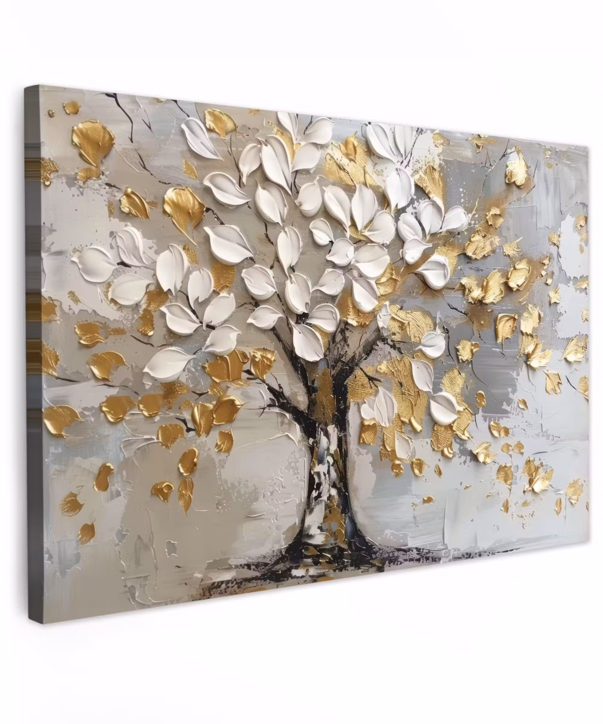 Canvas schilderij - Boom - Beige - Grijs - Goud - Abstract