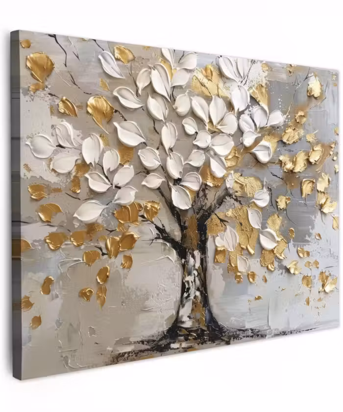 Canvas schilderij - Boom - Beige - Grijs - Goud - Abstract