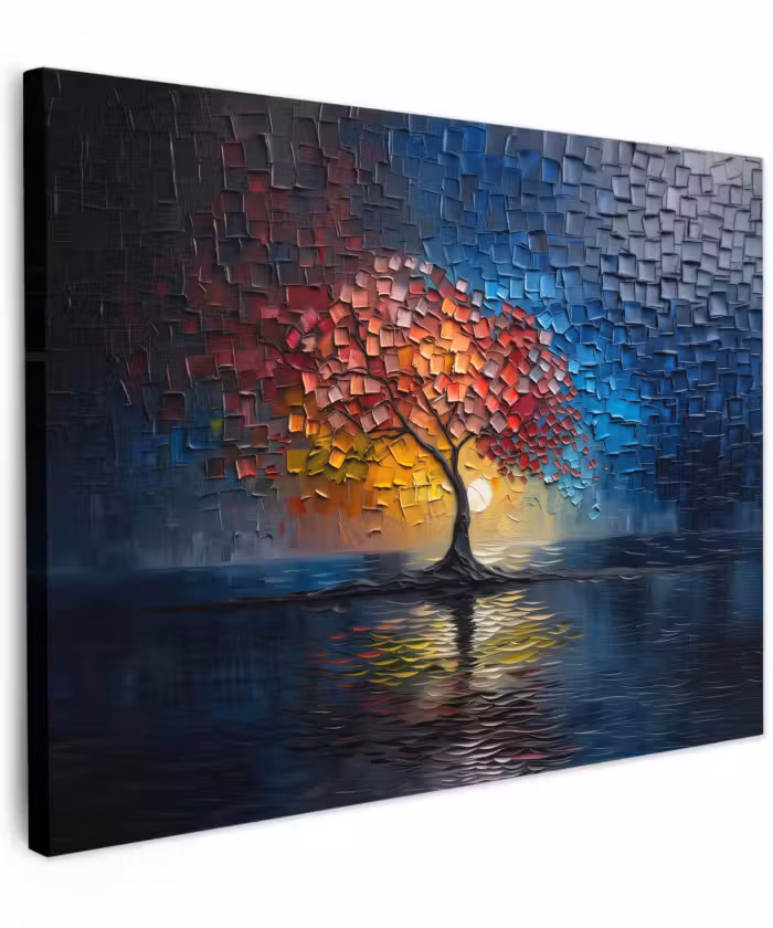 Canvas schilderij - Boom - Blauw - Bladeren - Vakken