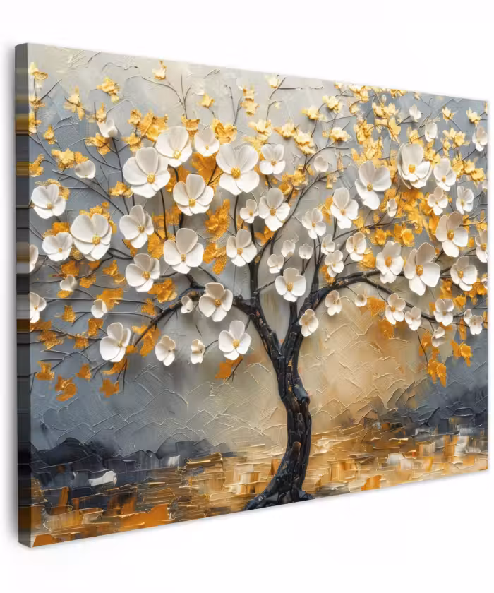 Canvas schilderij - Boom - Bloemen - Goud - Beige