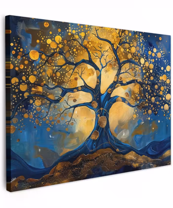 Canvas schilderij - Boom - Levensboom - Blauw - Goud
