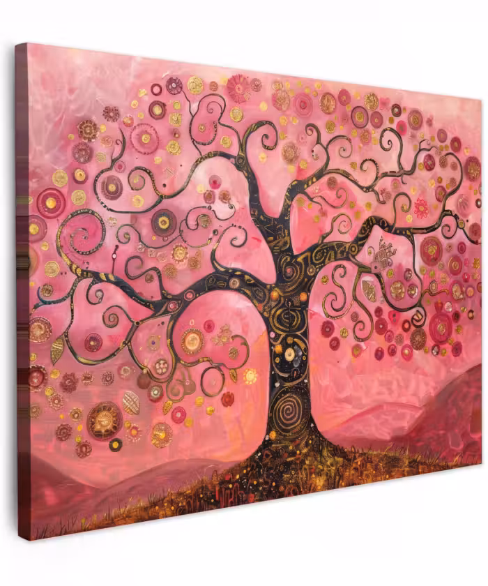 Canvas schilderij - Boom - Levensboom - Roze - Goud
