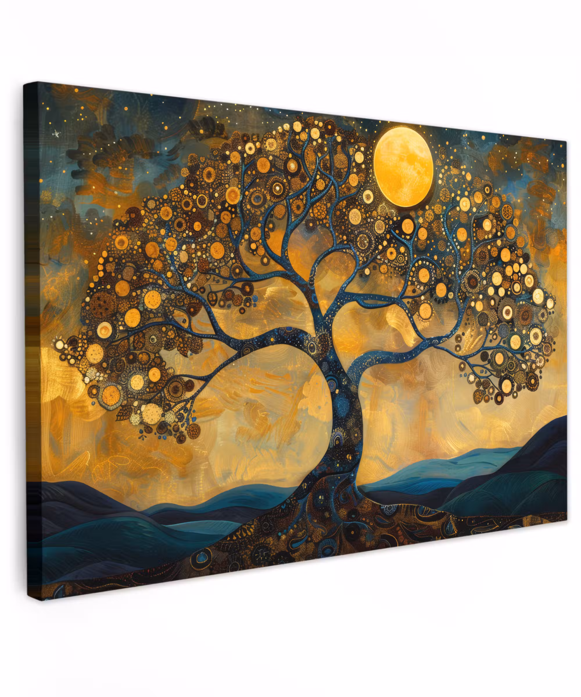 Canvas schilderij - Boom - Maan - Bloemen - Goud - Kunst