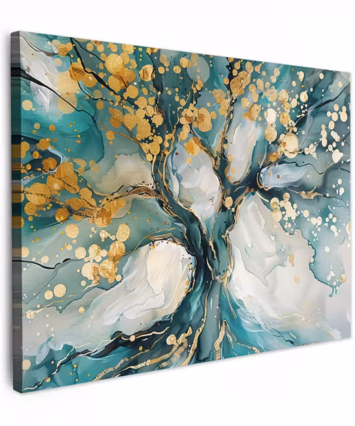 Canvas schilderij - Boom - Modern - Verflook - Turquoise - Goud