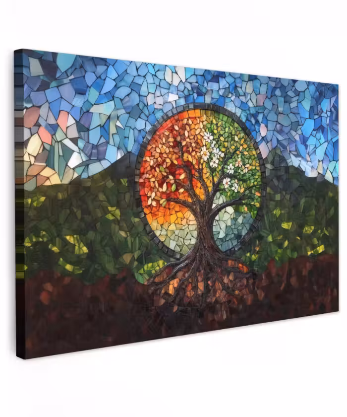 Canvas schilderij - Boom - Seizoenen - Mozaïek - Bergen