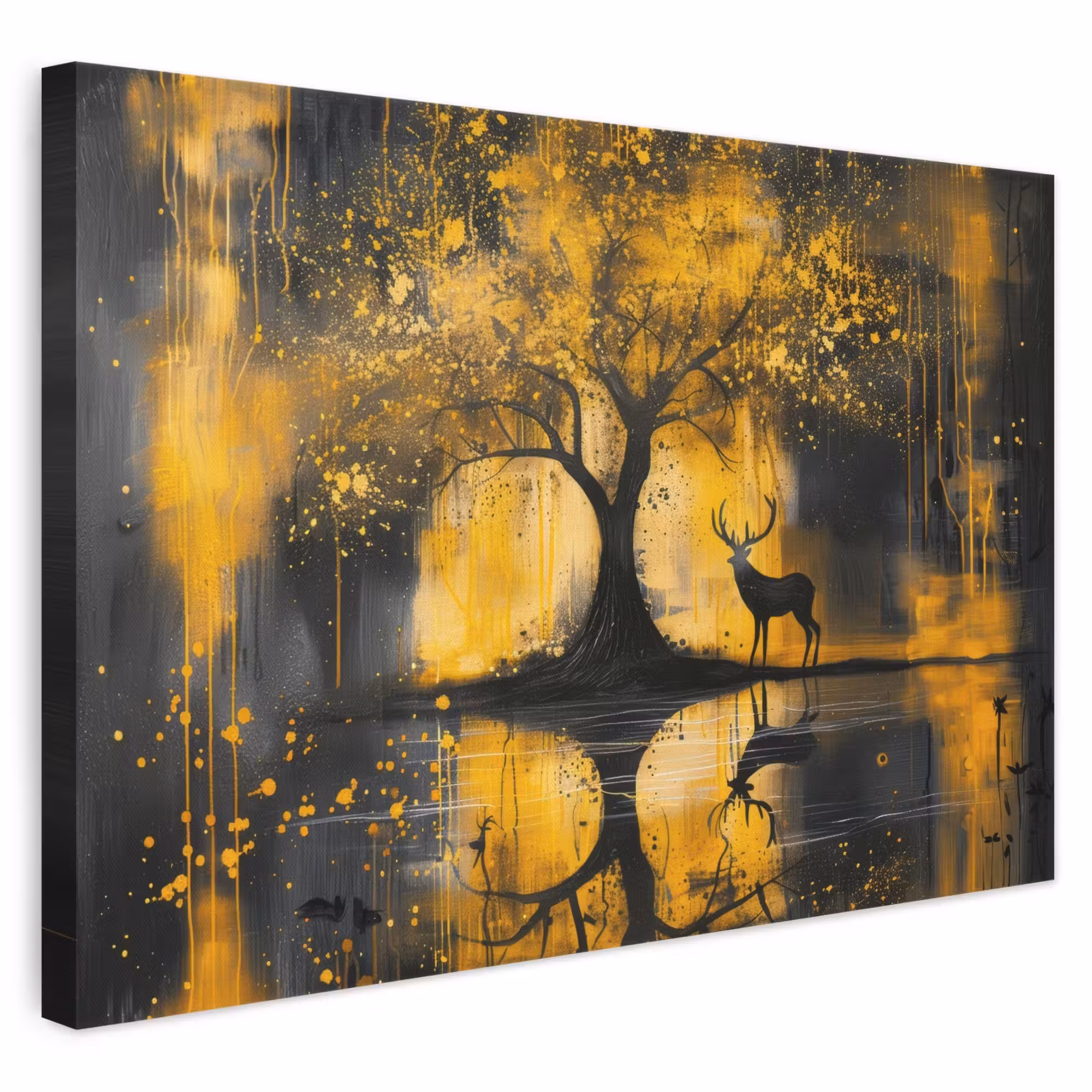 Canvas schilderij - Boom - Verflook - Hert - Natuur - Goud
