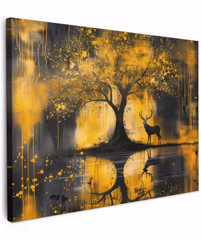 Canvas schilderij - Boom - Verflook - Hert - Natuur - Goud
