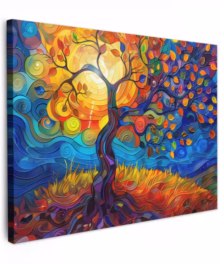 Canvas schilderij - Boom - Zon - Verflook - Kleuren - Abstract