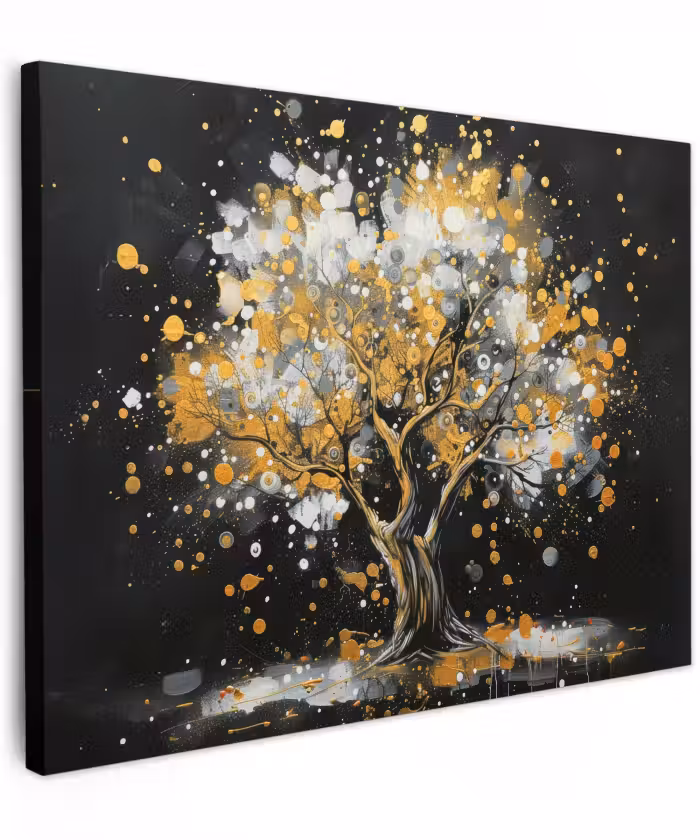 Canvas schilderij - Boom - Zwart - Goud - Wit - Modern