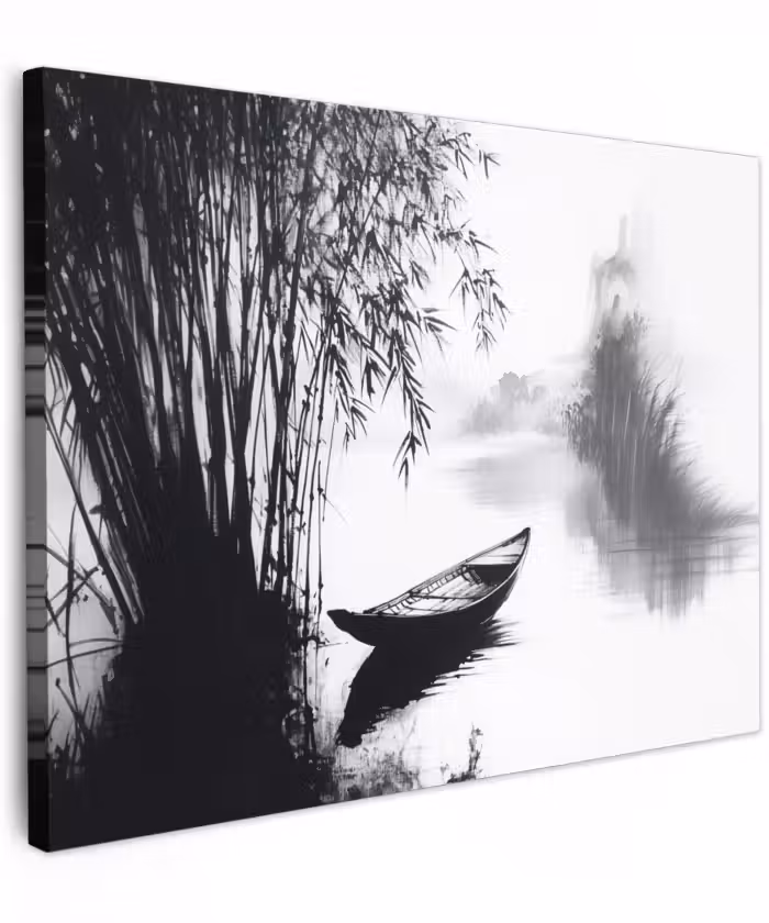 Canvas schilderij - Boot - Rivier - Bamboe - Wit