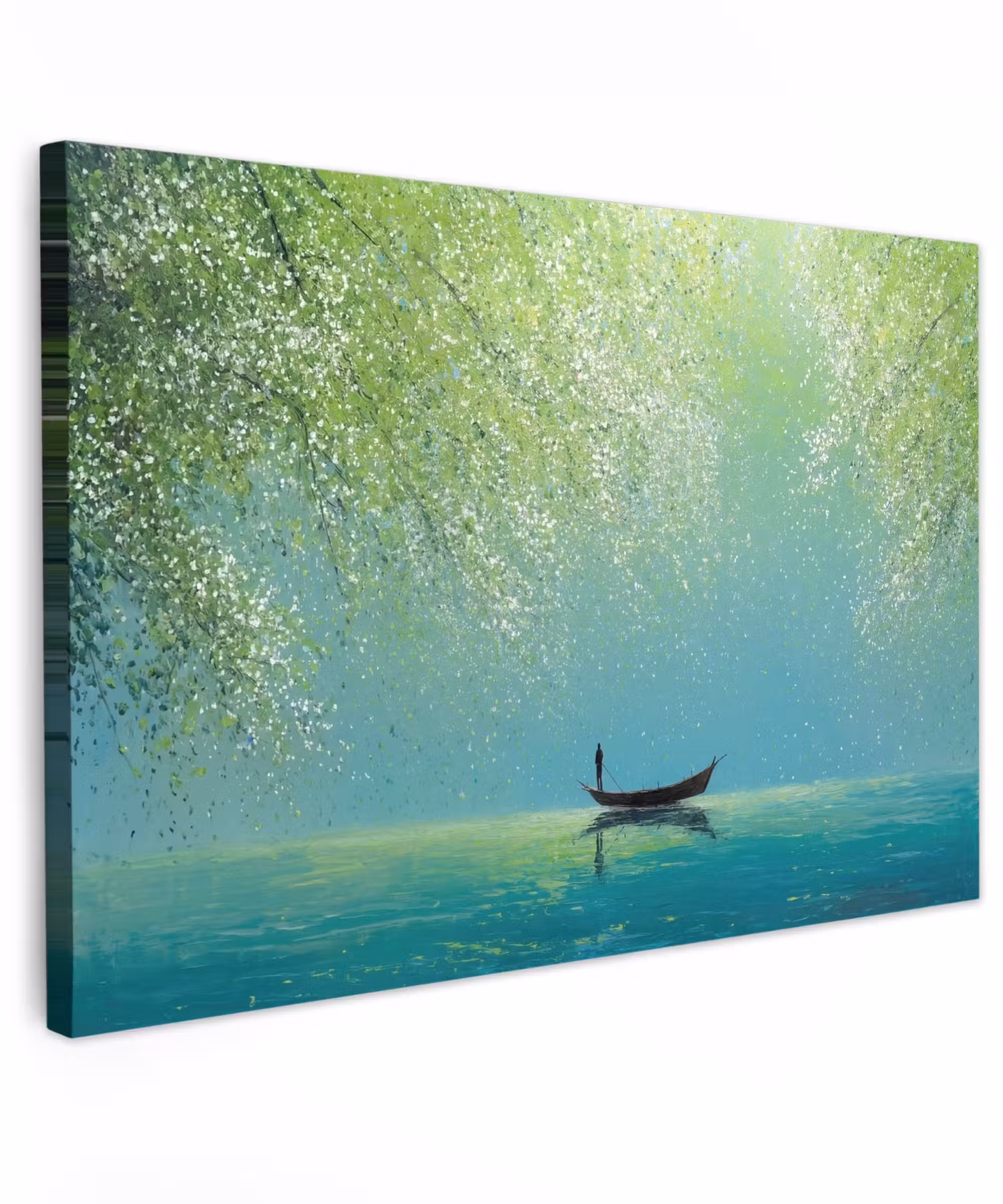 Canvas schilderij - Bootje - Water - Bladeren - Bloesems