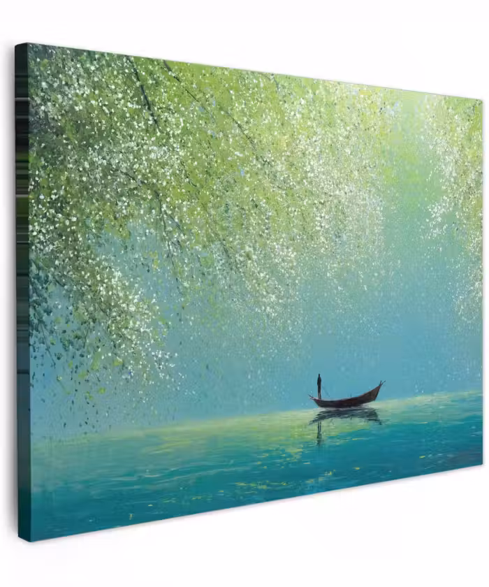 Canvas schilderij - Bootje - Water - Bladeren - Bloesems