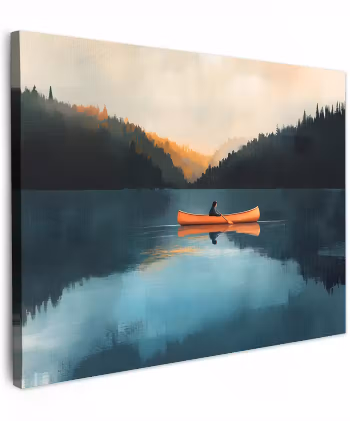 Canvas schilderij - Bossen - Meer - Kano - Oranje