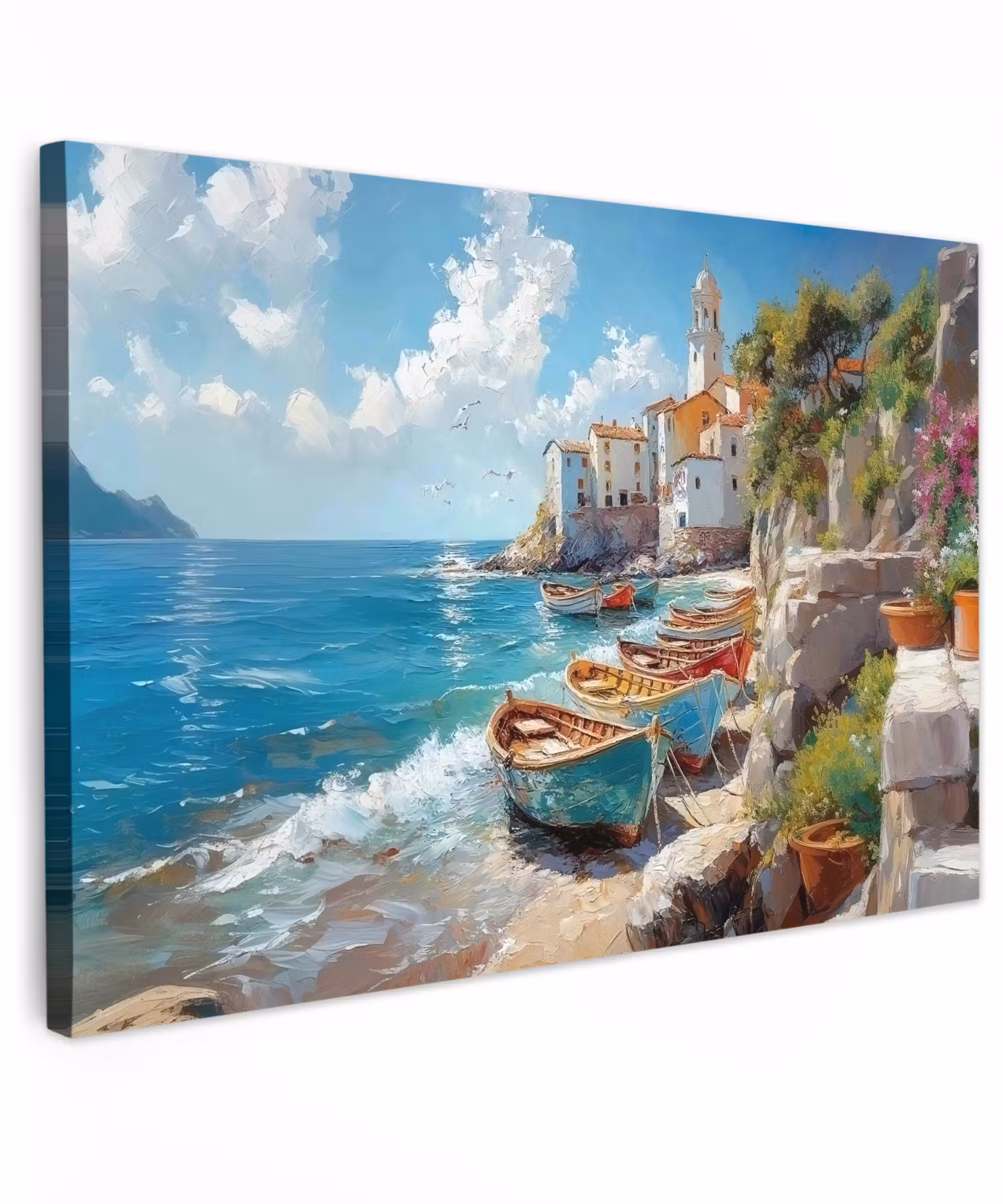 Canvas schilderij - Boten - Rotsen - Zee - Zon