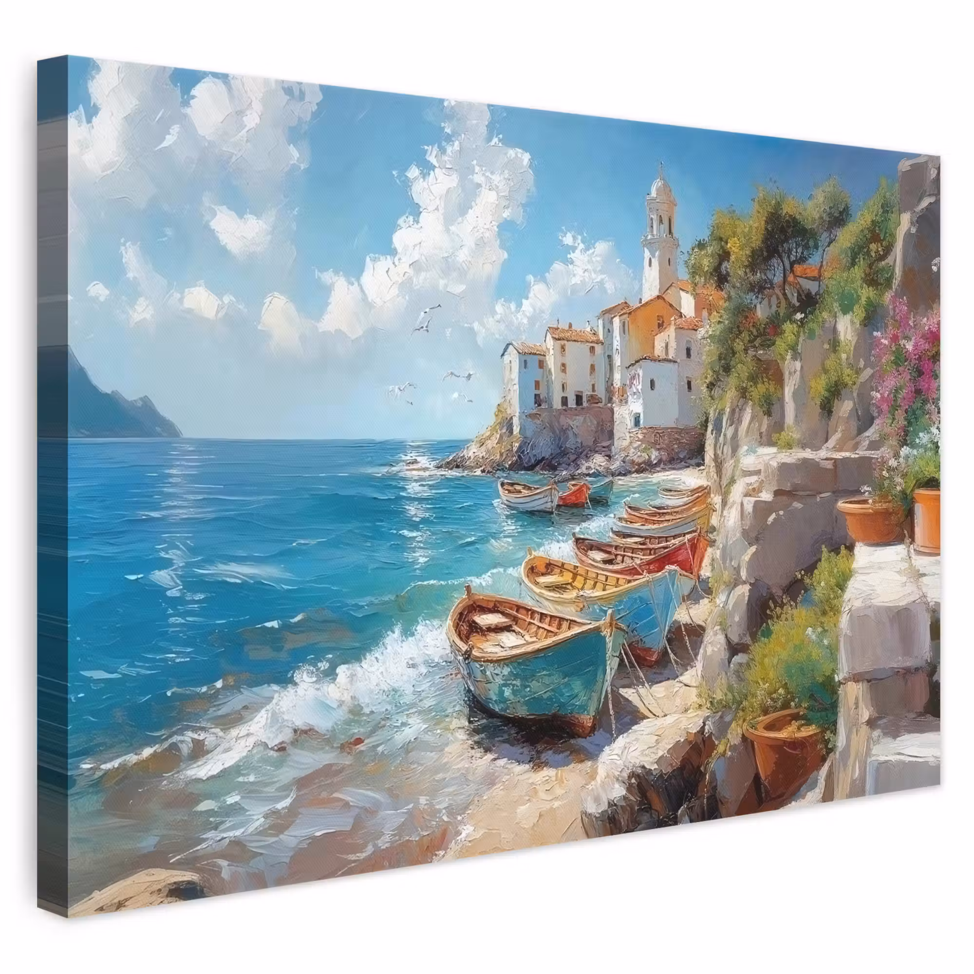 Canvas schilderij - Boten - Rotsen - Zee - Zon
