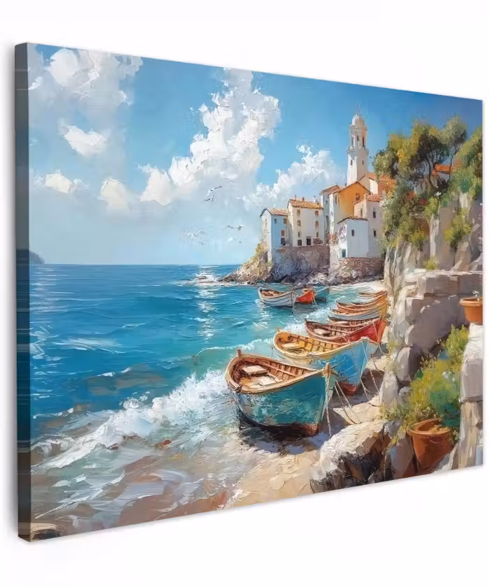 Canvas schilderij - Boten - Rotsen - Zee - Zon