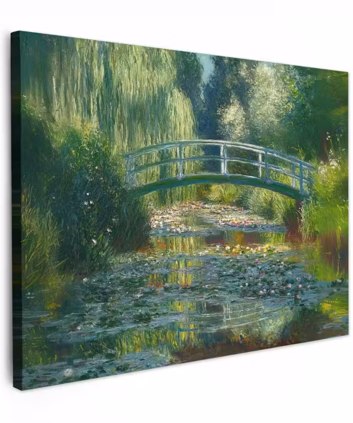 Canvas schilderij - Brug - Hout - Vijver - Waterlelies