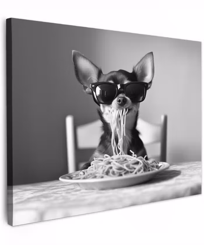 Canvas schilderij - Chihuahua - Hond - Zonnebril - Humoristisch - Zwart - Wit - Spaghetti