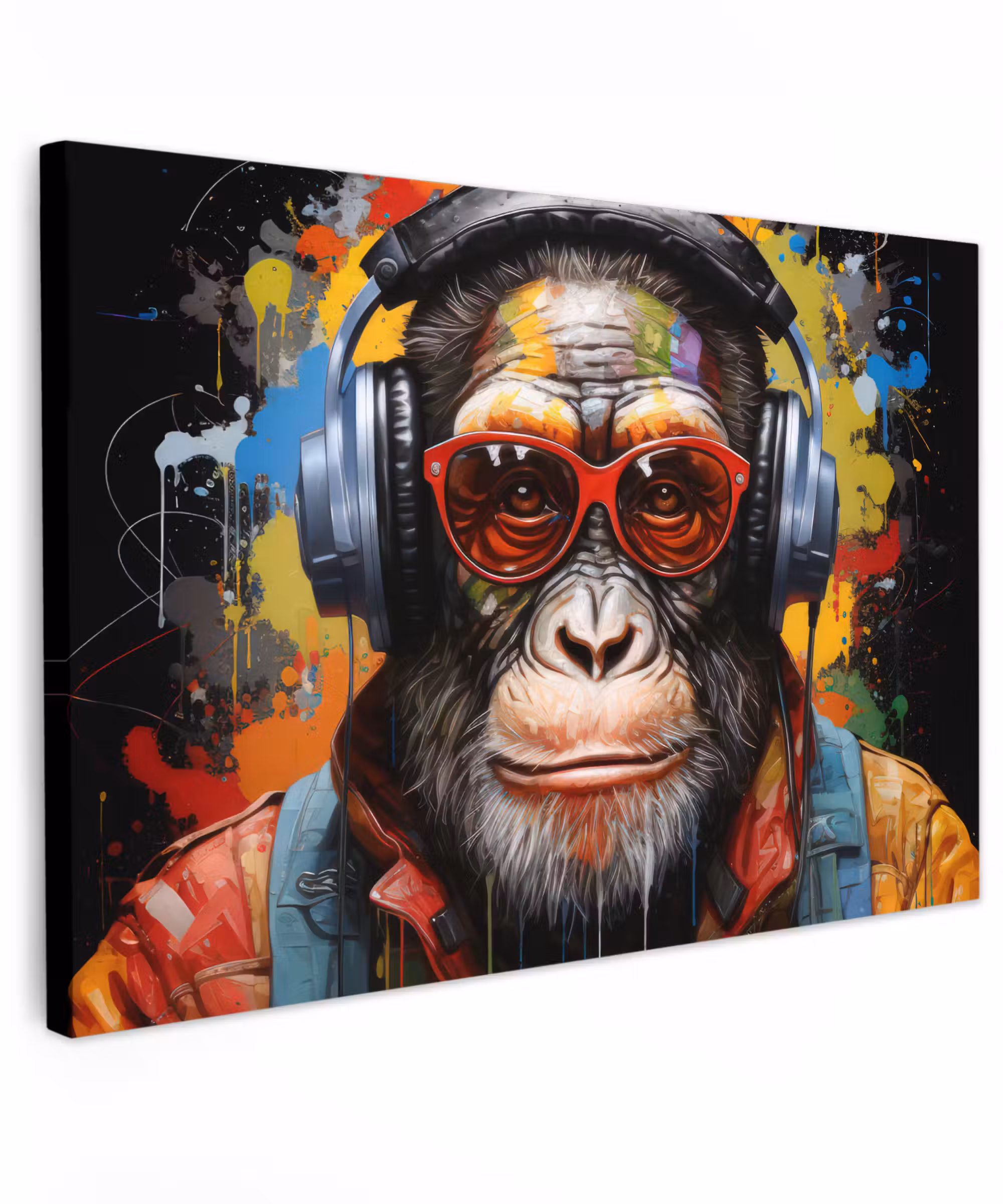 Canvas schilderij - Chimpansee - Aap - dieren - Graffiti - Bril - Koptelefoon - Kleuren