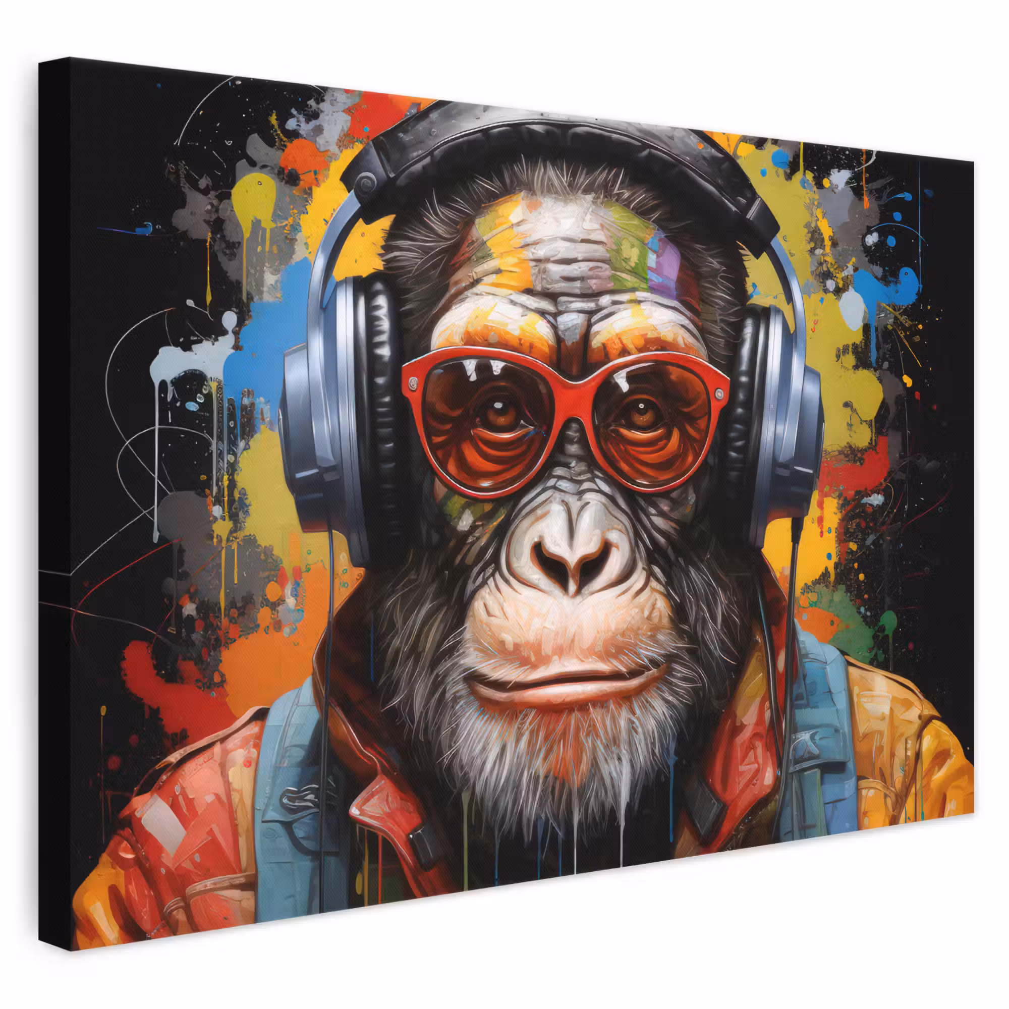 Canvas schilderij - Chimpansee - Aap - dieren - Graffiti - Bril - Koptelefoon - Kleuren