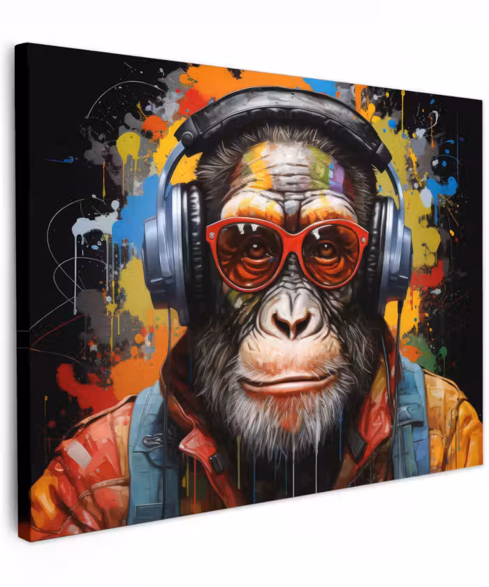 Canvas schilderij - Chimpansee - Aap - dieren - Graffiti - Bril - Koptelefoon - Kleuren
