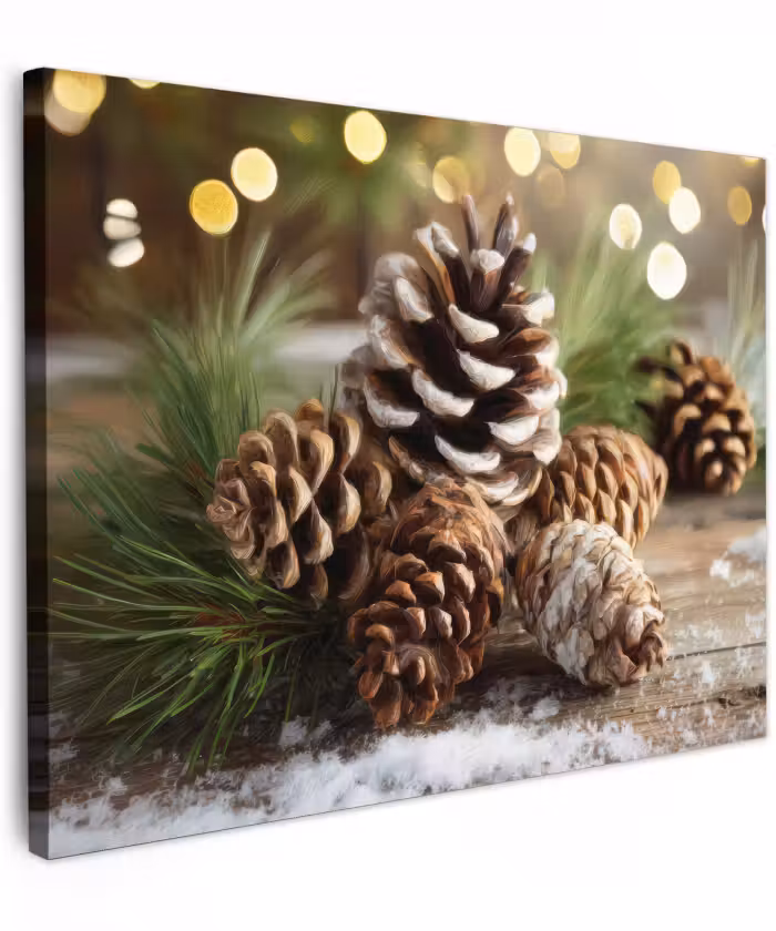 Canvas schilderij - Dennenappels - Kerstsfeer - Bruin - Groen