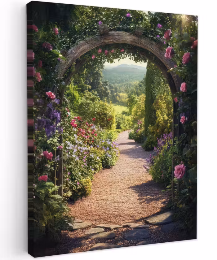 Canvas schilderij - Doorkijk - Bloemen - Natuur - Rozenboog