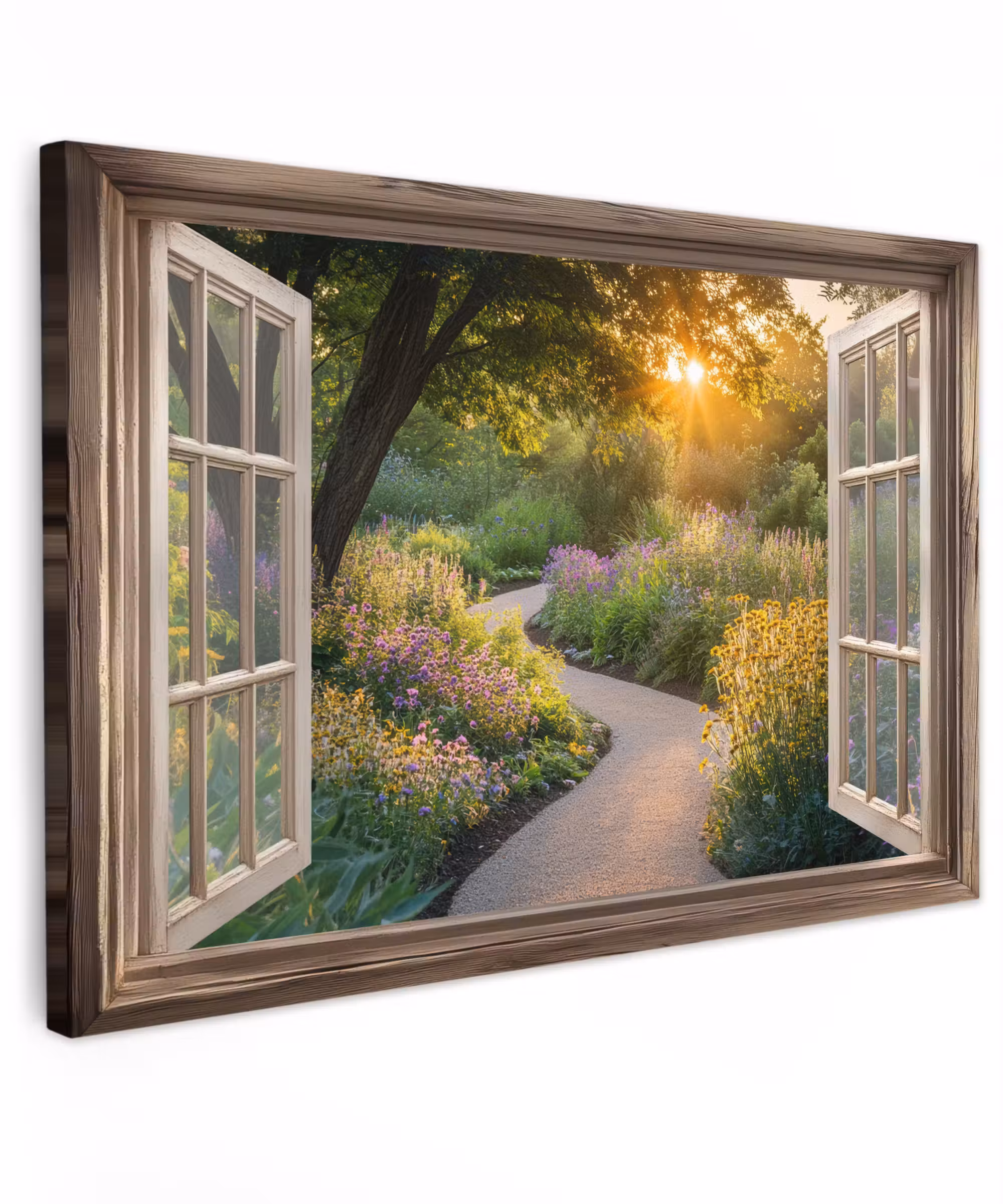 Canvas schilderij - Doorkijk - Bloemen - Natuur - Zon - Pad
