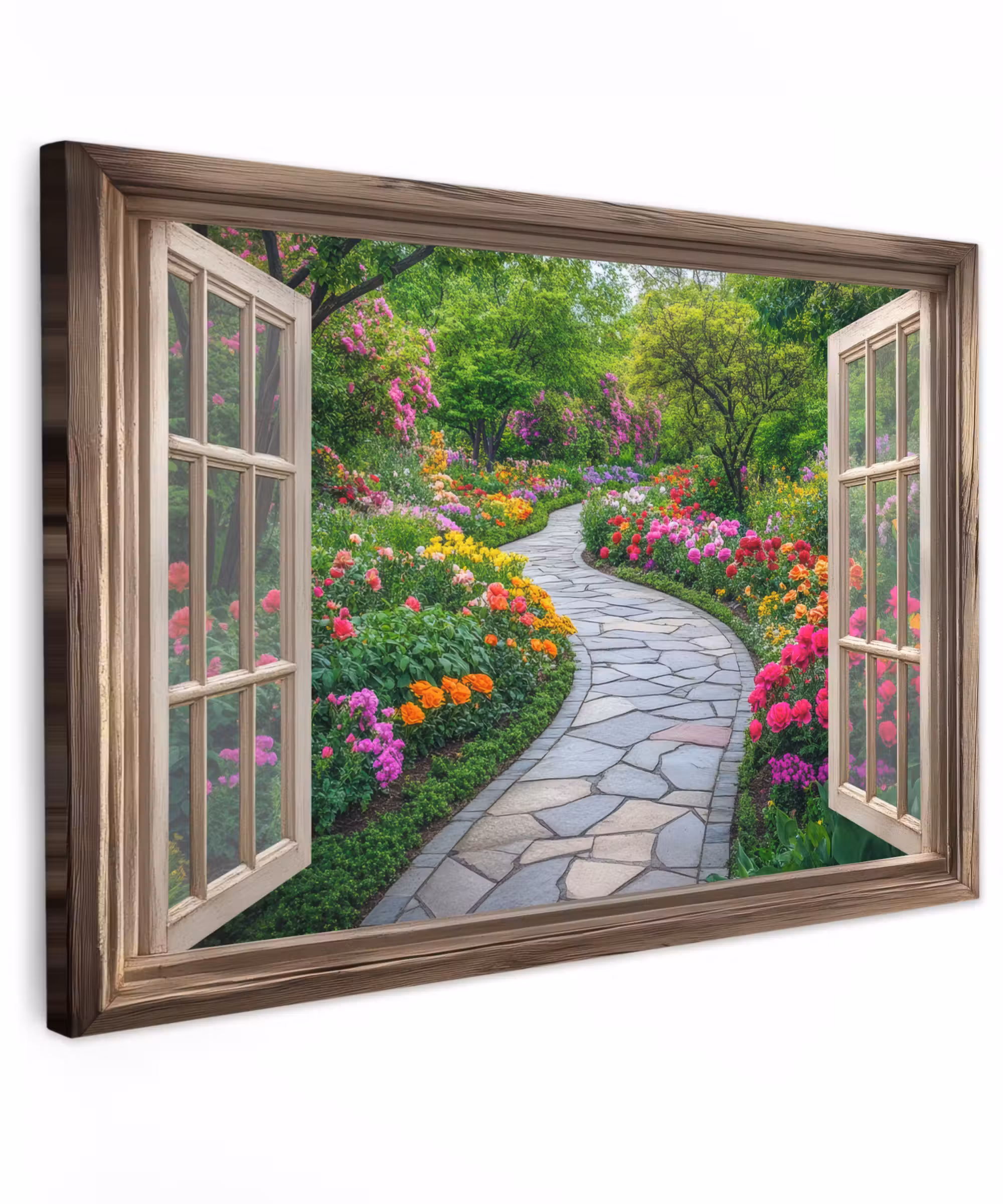 Canvas schilderij - Doorkijk - Bloemen - Tuinpad - Natuur - Raam