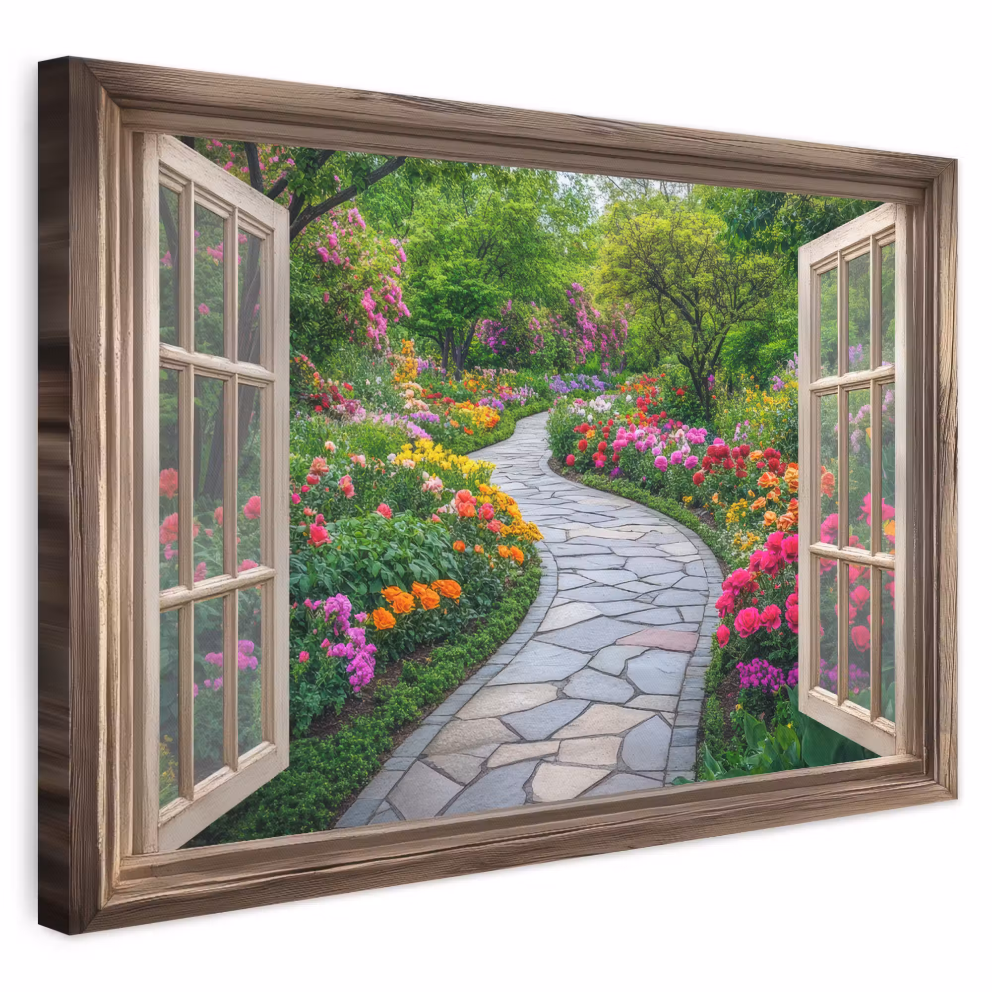 Canvas schilderij - Doorkijk - Bloemen - Tuinpad - Natuur - Raam