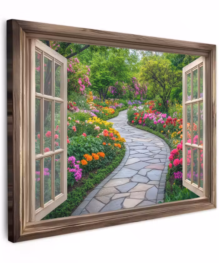 Canvas schilderij - Doorkijk - Bloemen - Tuinpad - Natuur - Raam