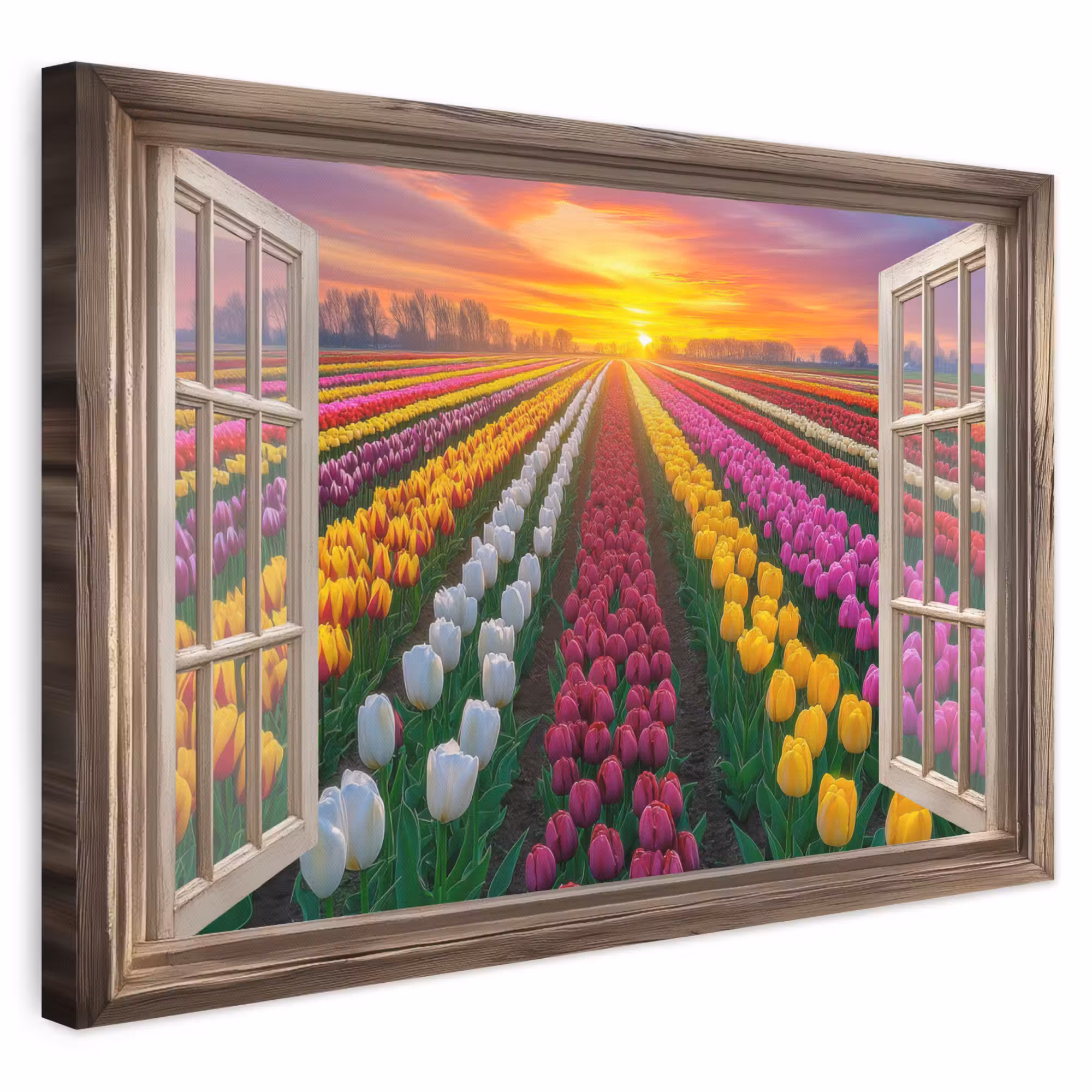 Canvas schilderij - Doorkijk - Bloemen - Tulpen - Kleurrijk - Zonsondergang