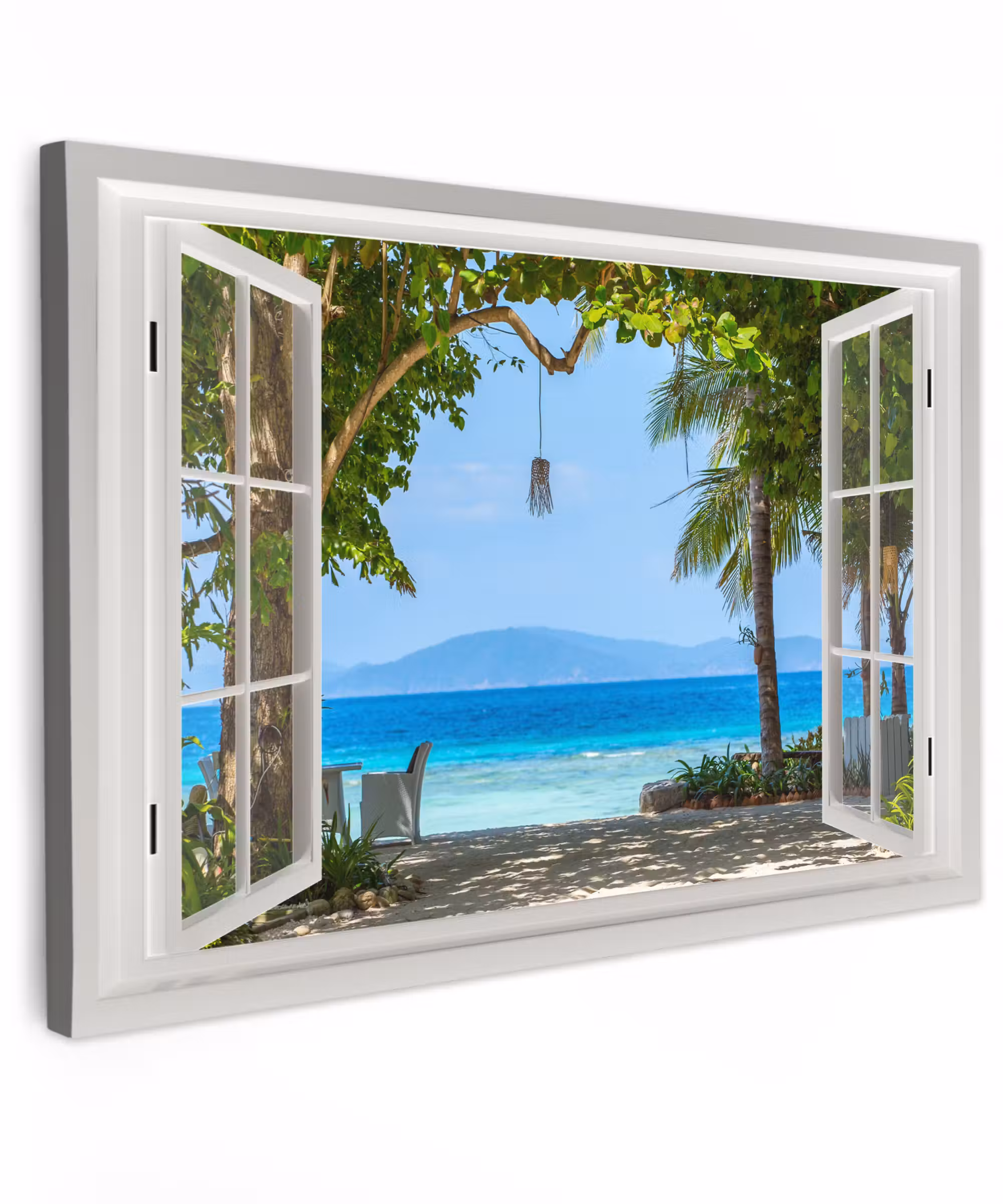Canvas schilderij - Doorkijk - Boom - Zee - Palmboom - Heuvels - Strand - Blauw