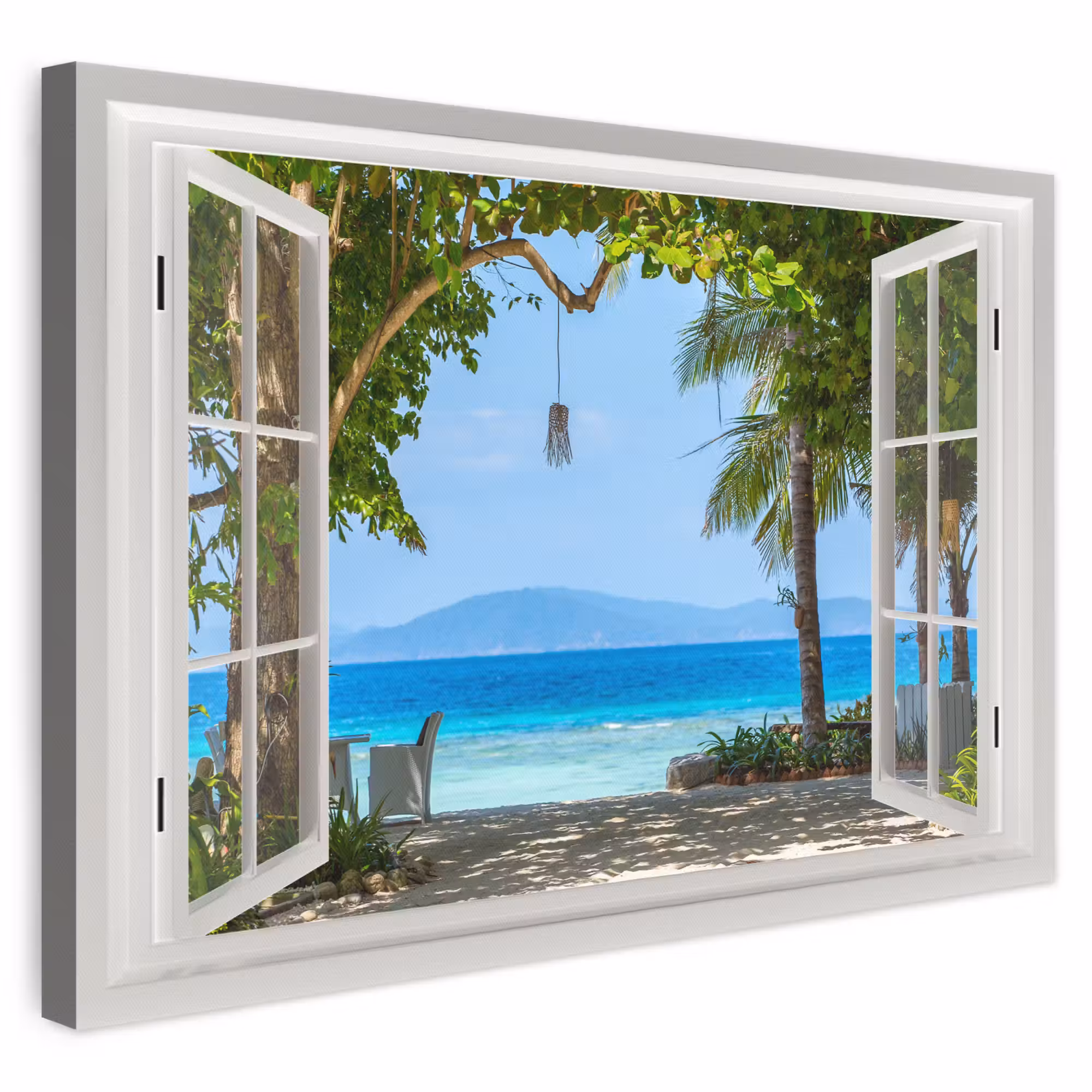 Canvas schilderij - Doorkijk - Boom - Zee - Palmboom - Heuvels - Strand - Blauw