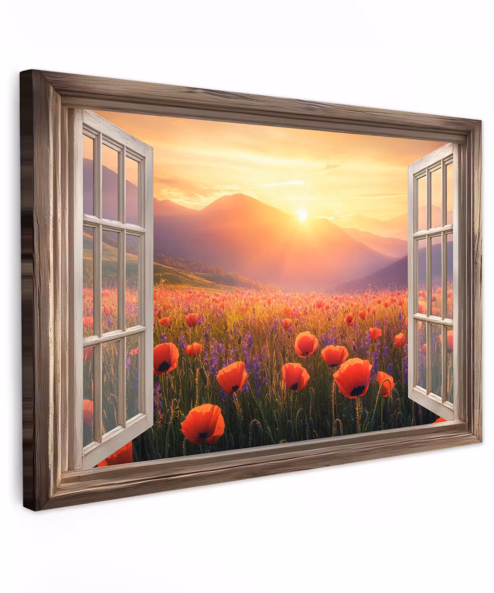 Canvas schilderij - Doorkijk - Klaprozen - Bloemen - Rood - Open raam