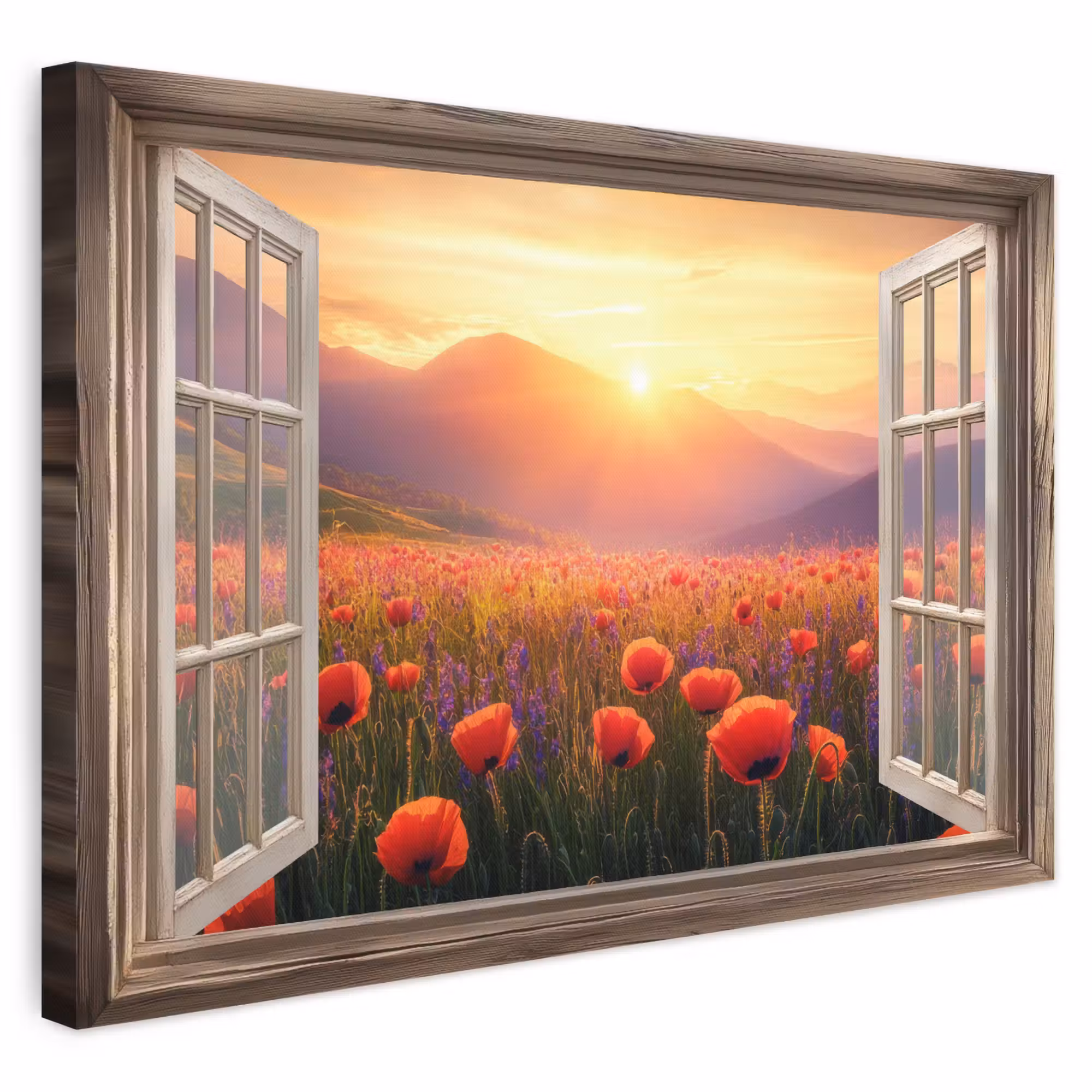 Canvas schilderij - Doorkijk - Klaprozen - Bloemen - Rood - Open raam