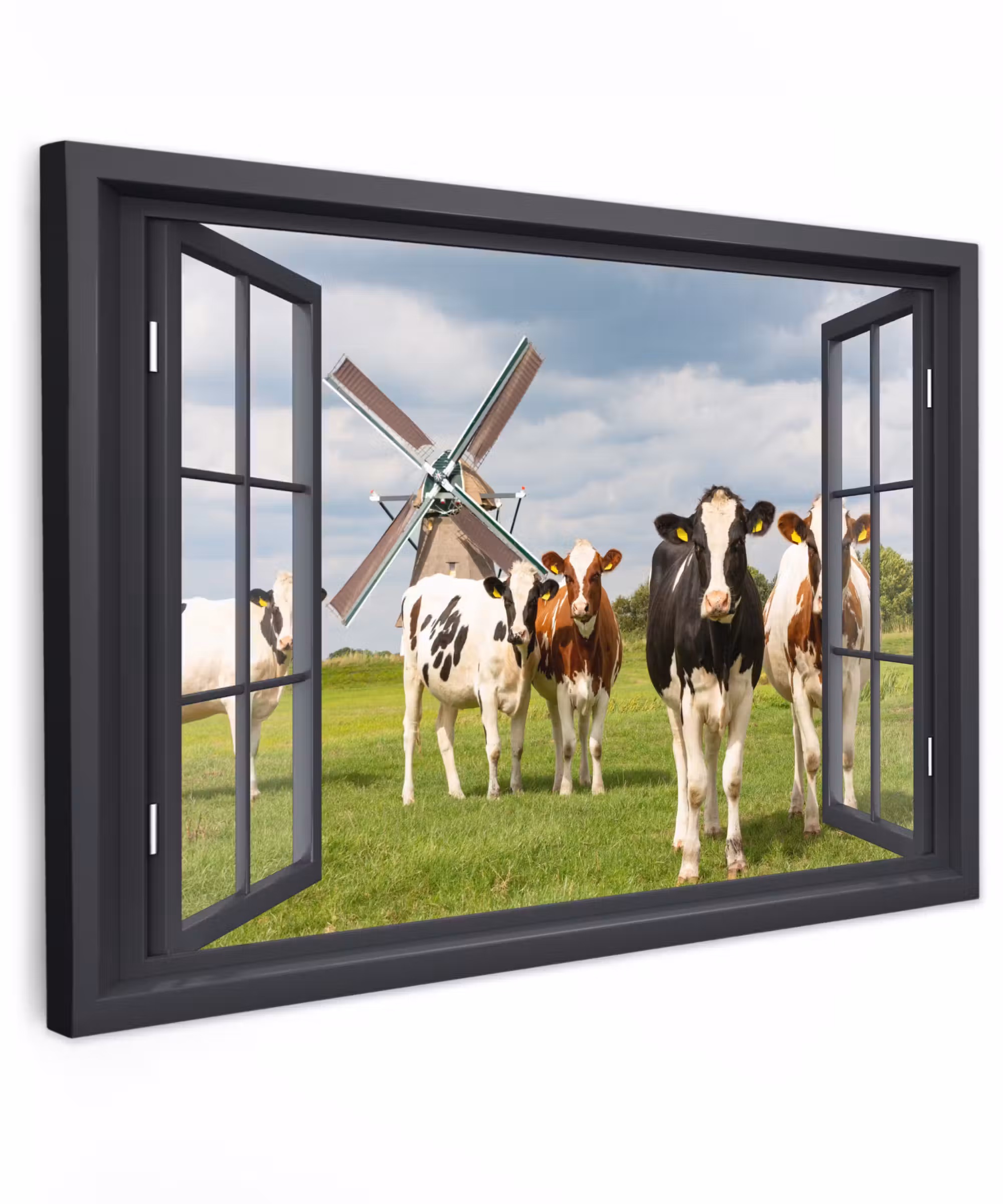 Canvas schilderij - Doorkijk - Koe - Molen - Koeien - Weiland - Gras - Groen