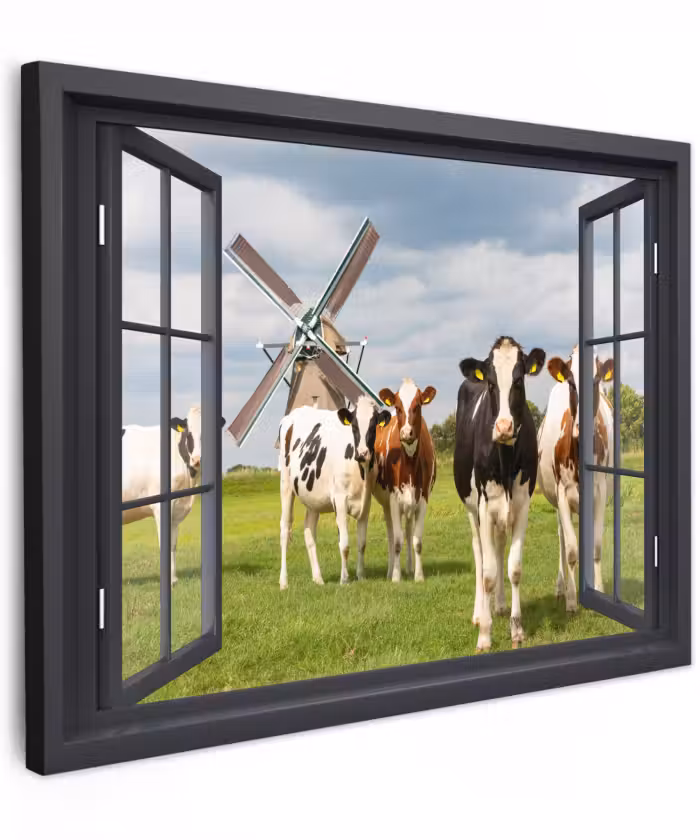 Canvas schilderij - Doorkijk - Koe - Molen - Koeien - Weiland - Gras - Groen