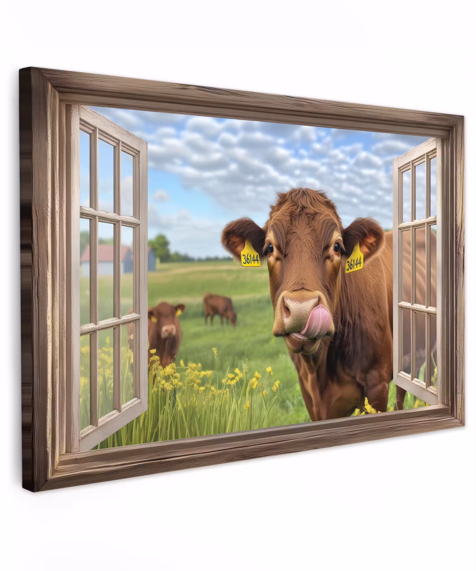 Canvas schilderij - Doorkijk - Koe - Weiland - Landschap - Dieren