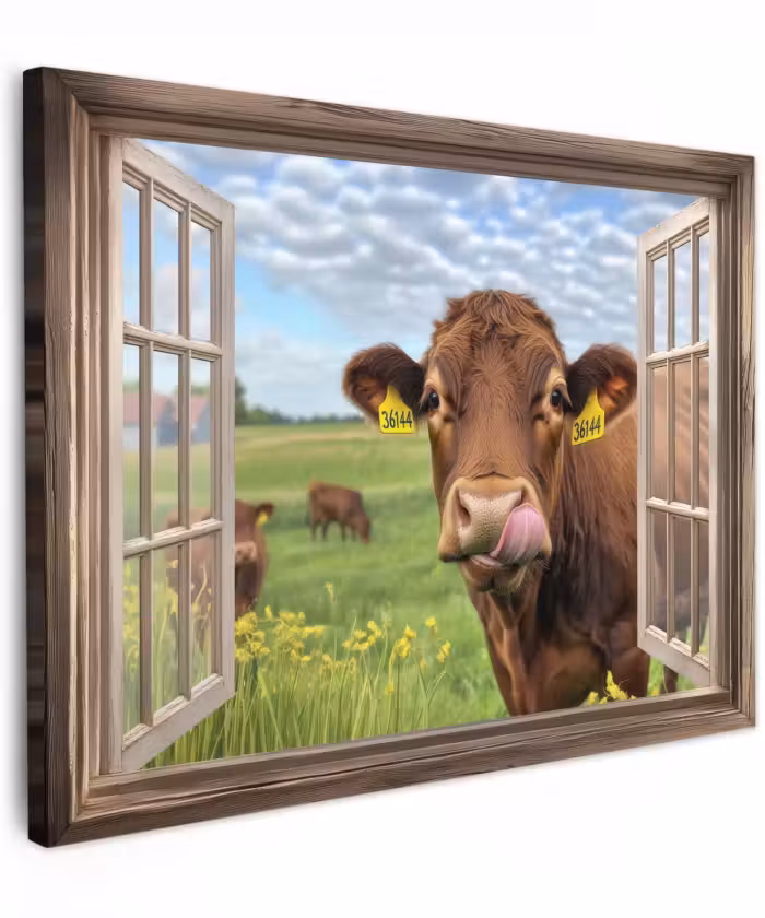 Canvas schilderij - Doorkijk - Koe - Weiland - Landschap - Dieren