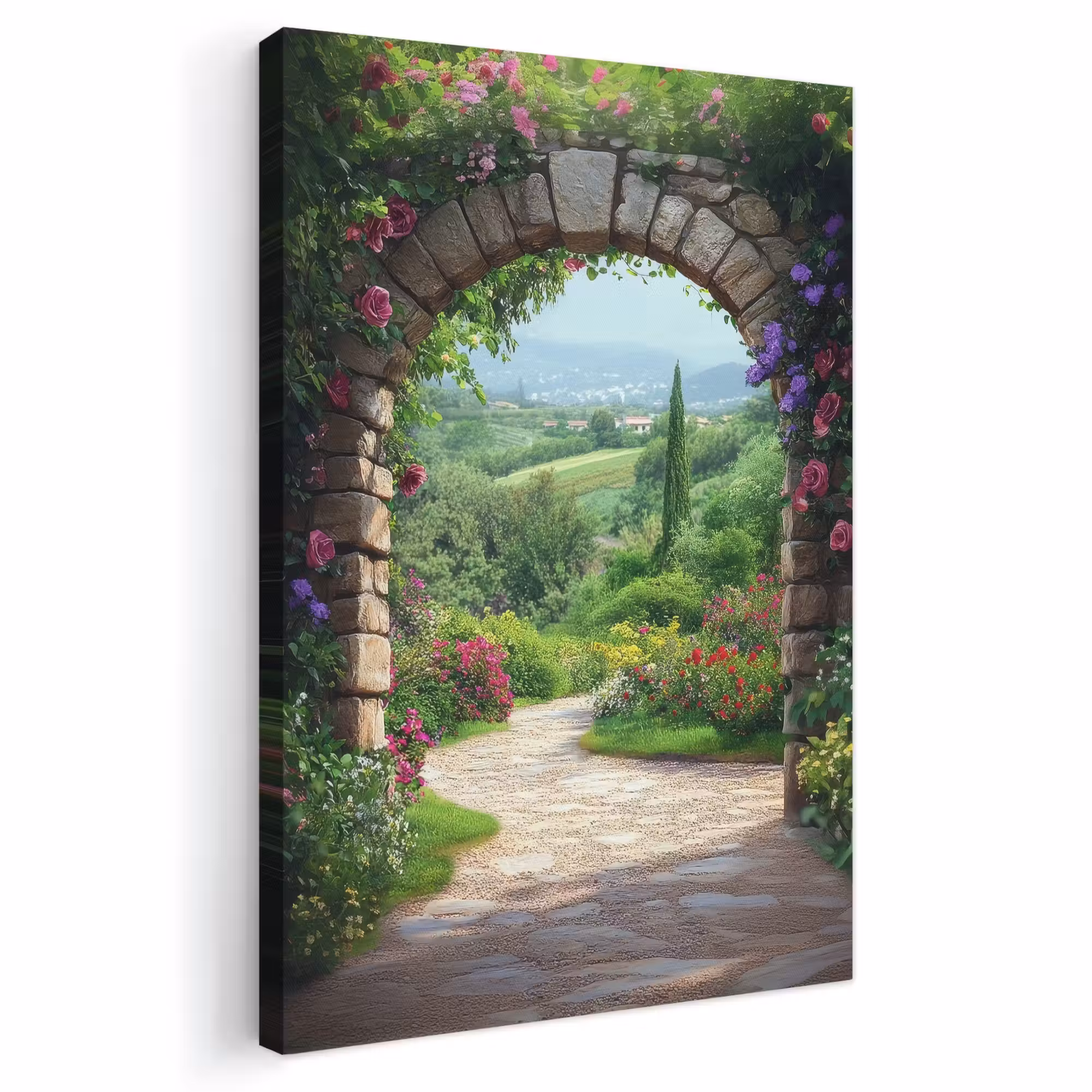 Canvas schilderij - Doorkijk - Landschap - Bloemen - Pad - Uitzicht