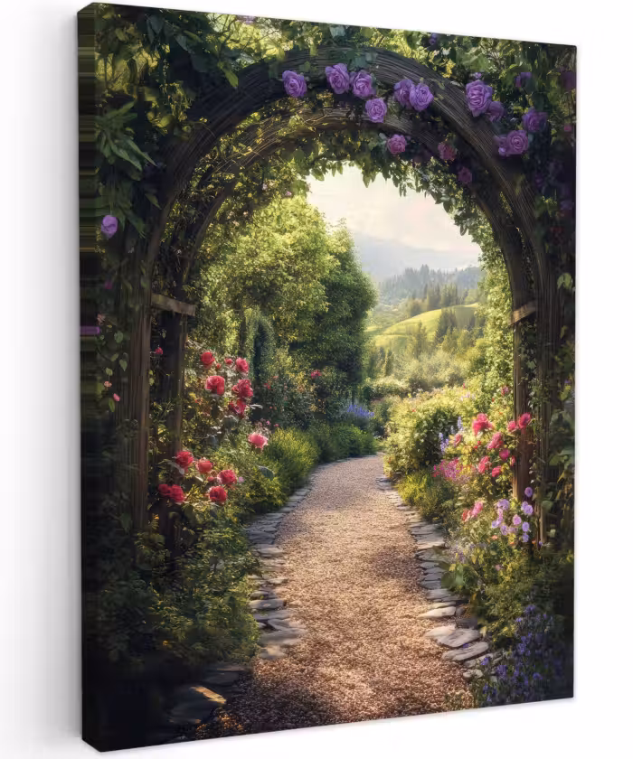 Canvas schilderij - Doorkijk - Landschap - Bloemen - Tuinboog - Natuur