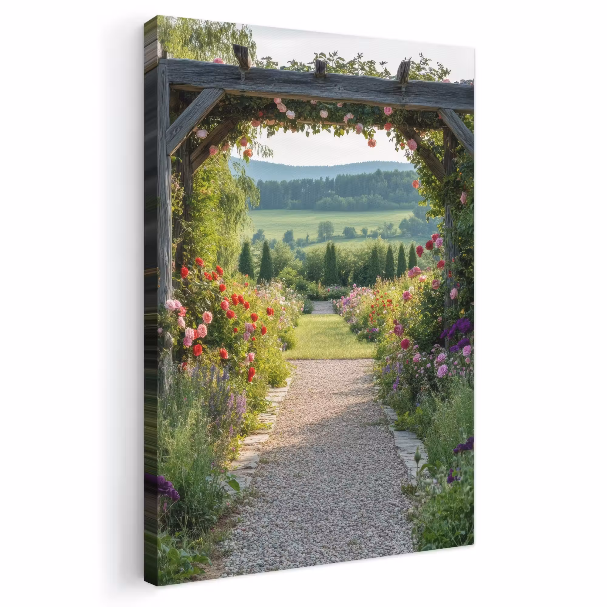 Canvas schilderij - Doorkijk - Landschap - Natuur - Tuinboog - Bloemen